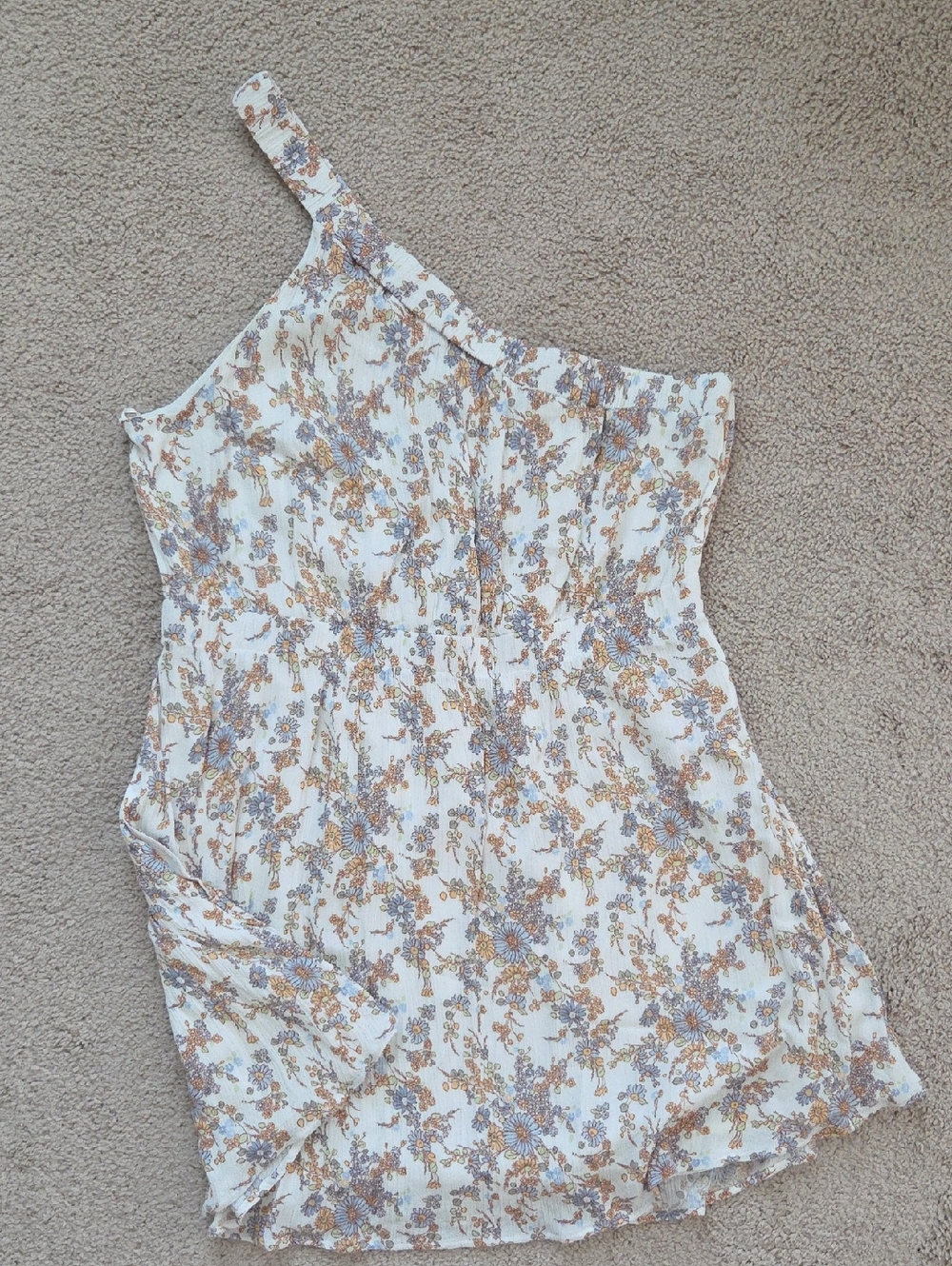 Abercrombie & Fitch Cream One-Shoulder Floral Dress with Blue and Brown Accents